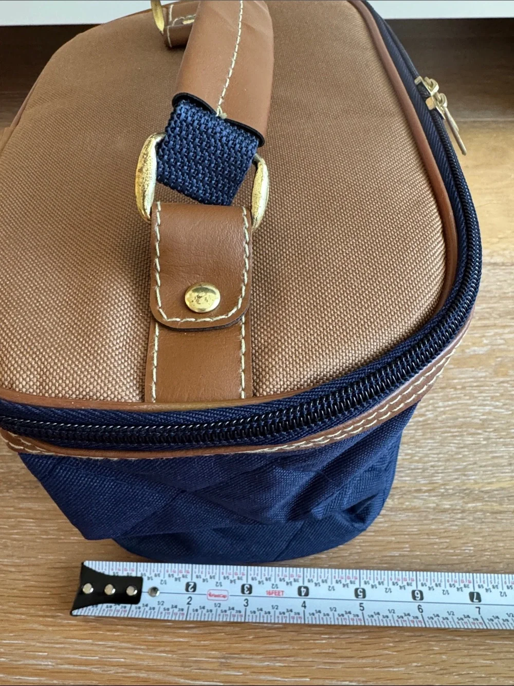 Aude Falbert Navy Quilted Cosmetic Case with Tan Trim and Gold Accents